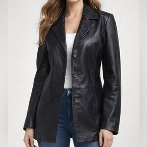 JLC New York Women’s Size M Vintage Black Leather Jacket Blazer 3-Button Leather